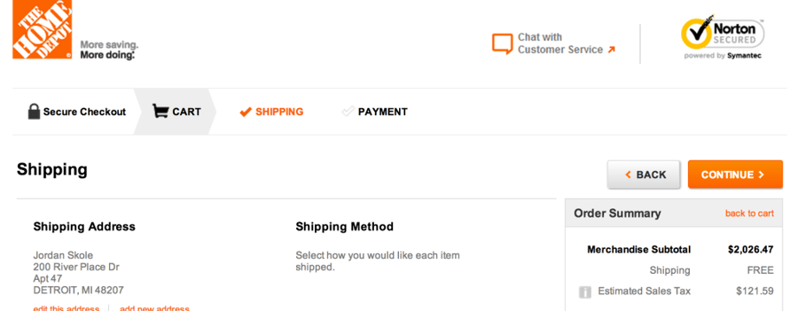 Home Depot checkout flow