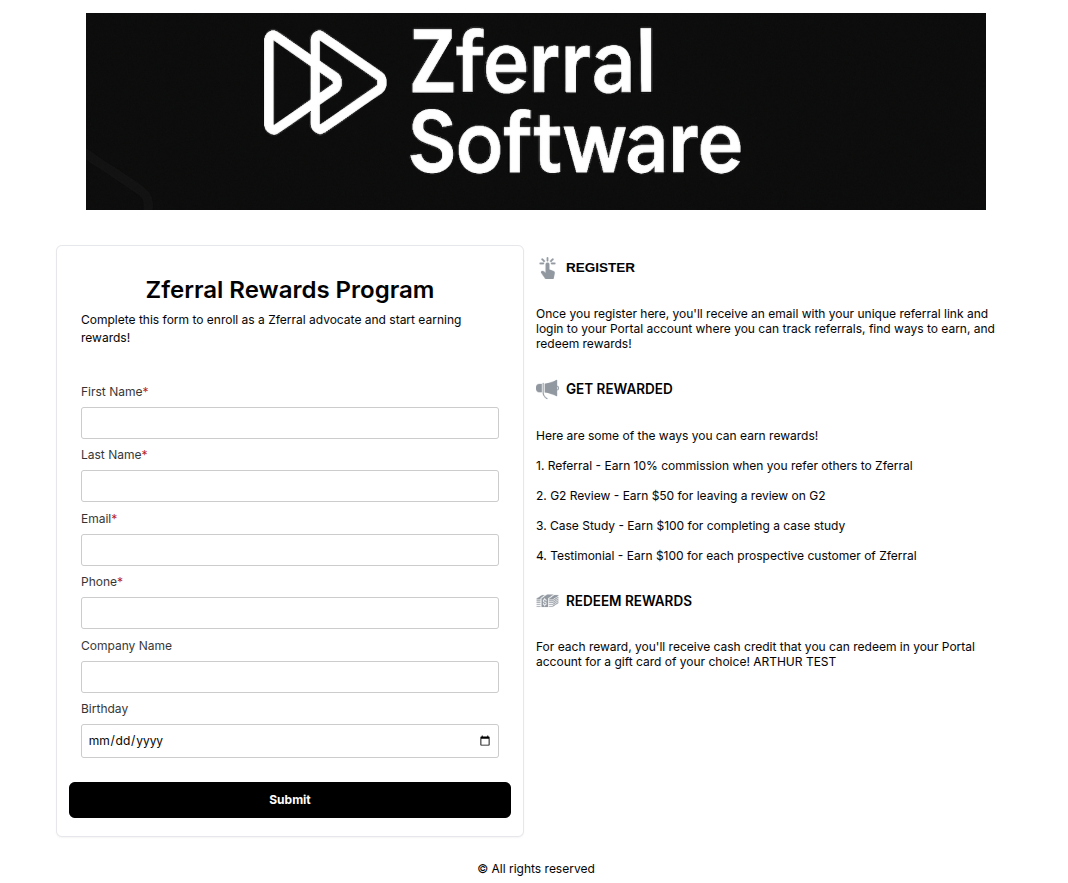 Affiliate Sign Up interface